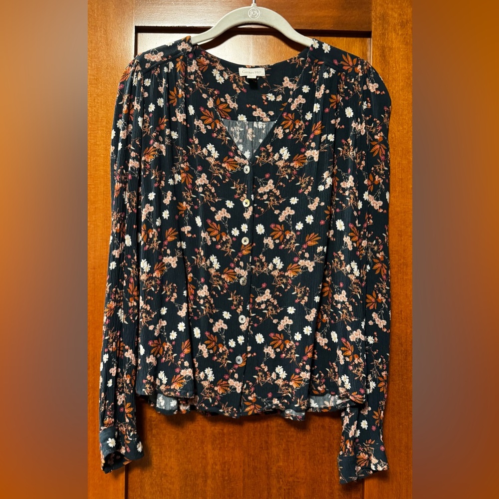 Garnet Hill Teal and Rust Floral Blouse